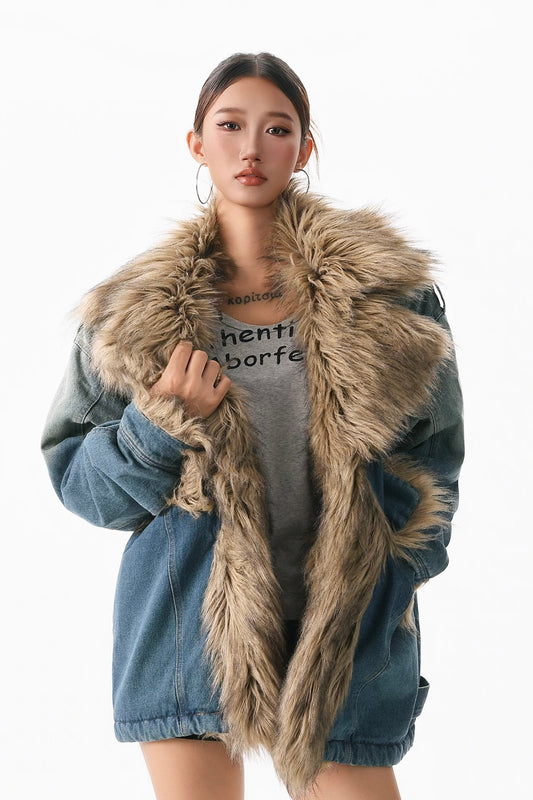 Retro fur collar denim cotton jacket