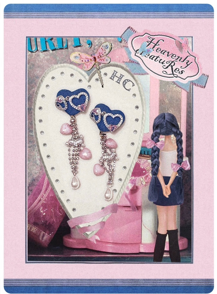 ~*Jane's Denim Heart *~Denim Love&Sparkling Tassel Barbie Earrings