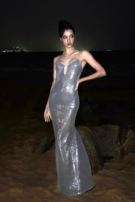 V-neck suspender dress sequined backless