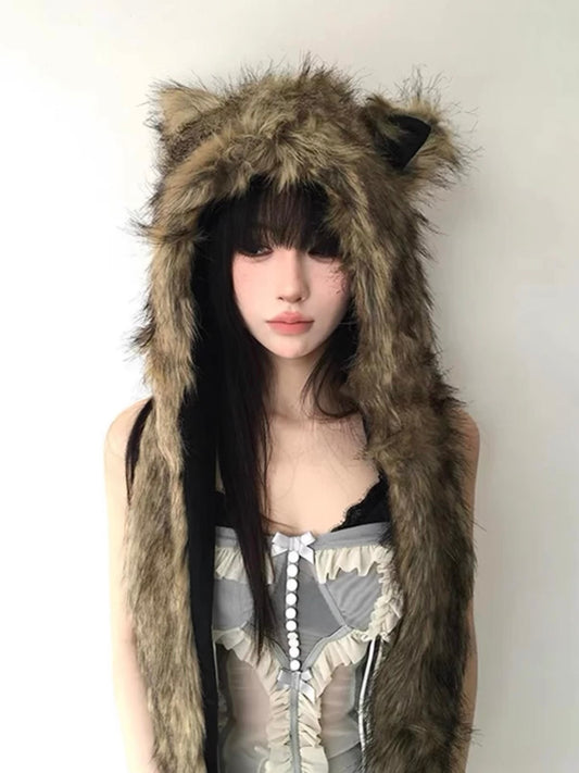 Plush hat faux fur scarf, gloves in one