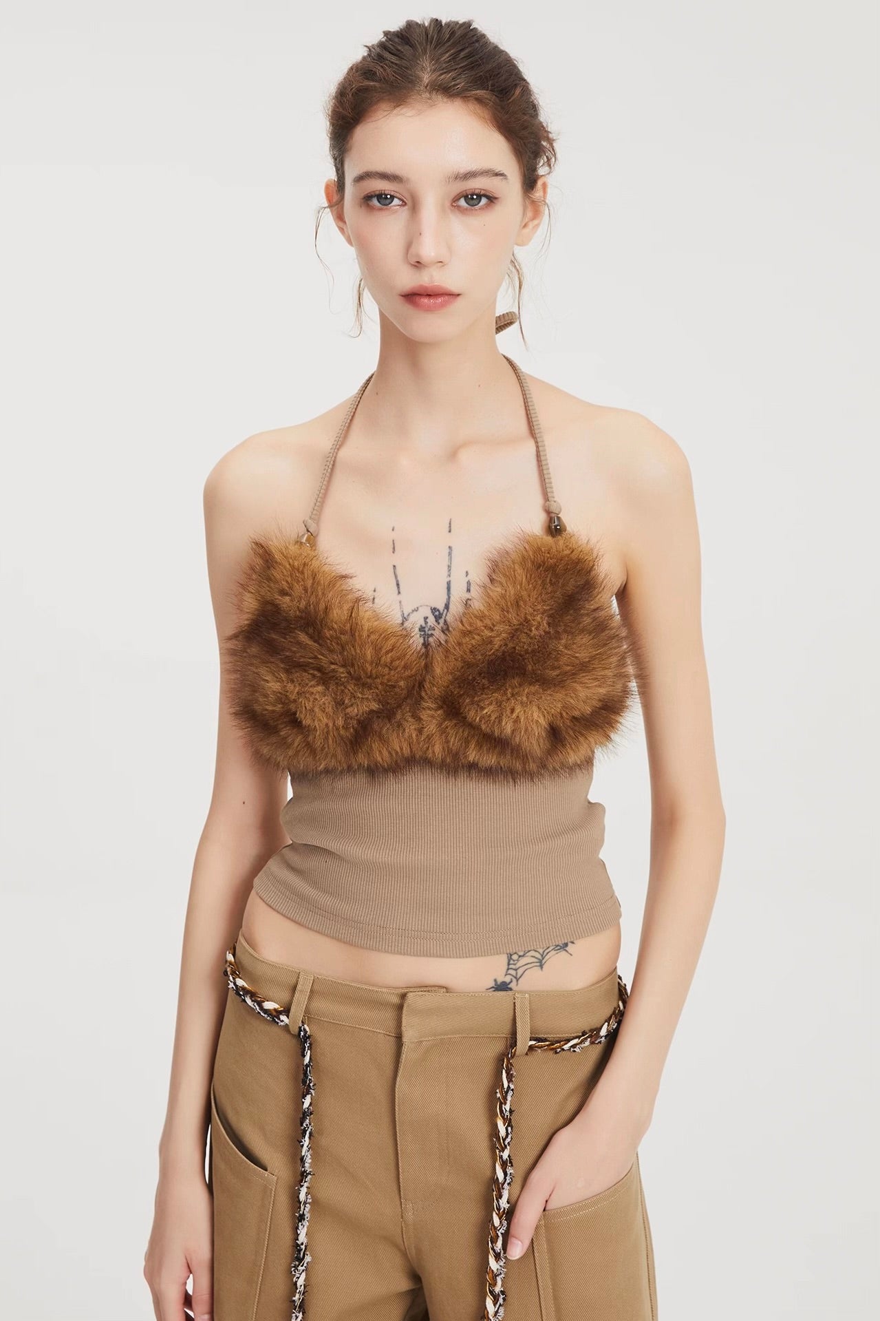 Grey Splicing faux fur cami