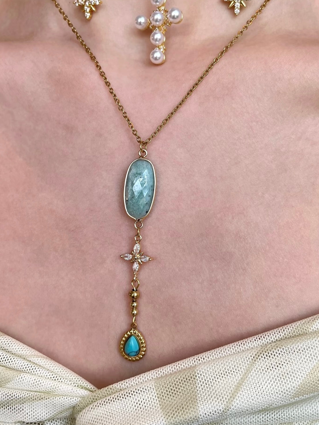 Blue Cat Eye Tianhe Stone Star Cross Titanium Steel Necklace Choker