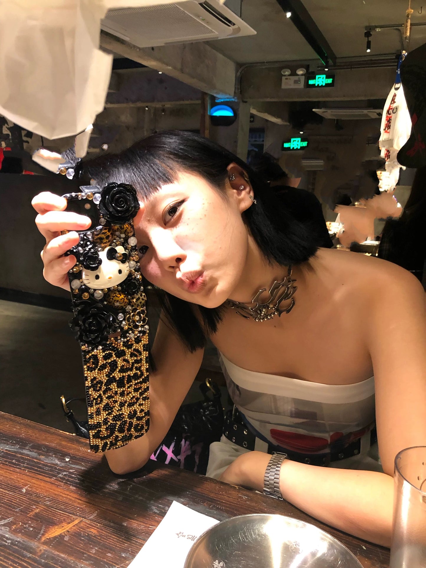 Leopard Print Hellokitty Handmade Rhinestone Flip Phone Case