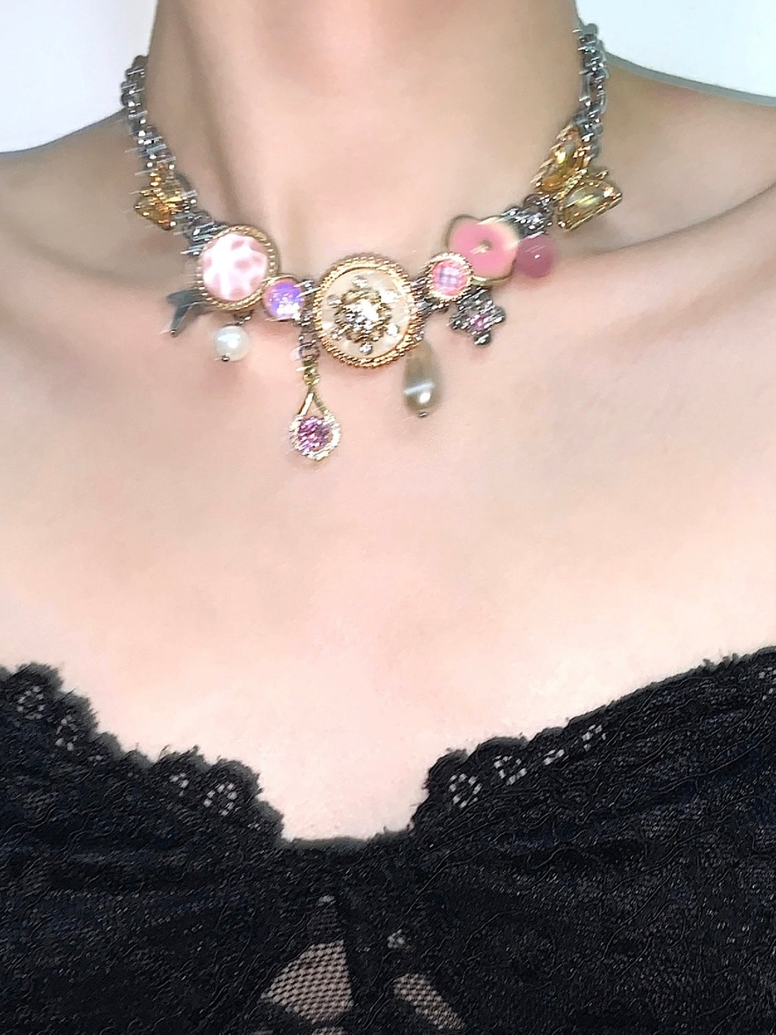 Golden Pink Beauty "Butterfly Button Titanium Steel Joker Bracelet Necklace