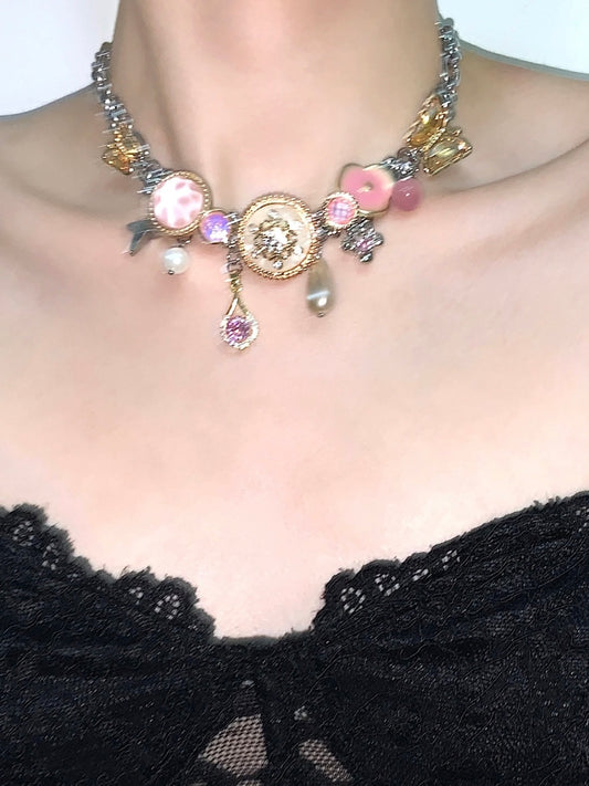 Golden Pink Beauty "Butterfly Button Titanium Steel Joker Bracelet Necklace