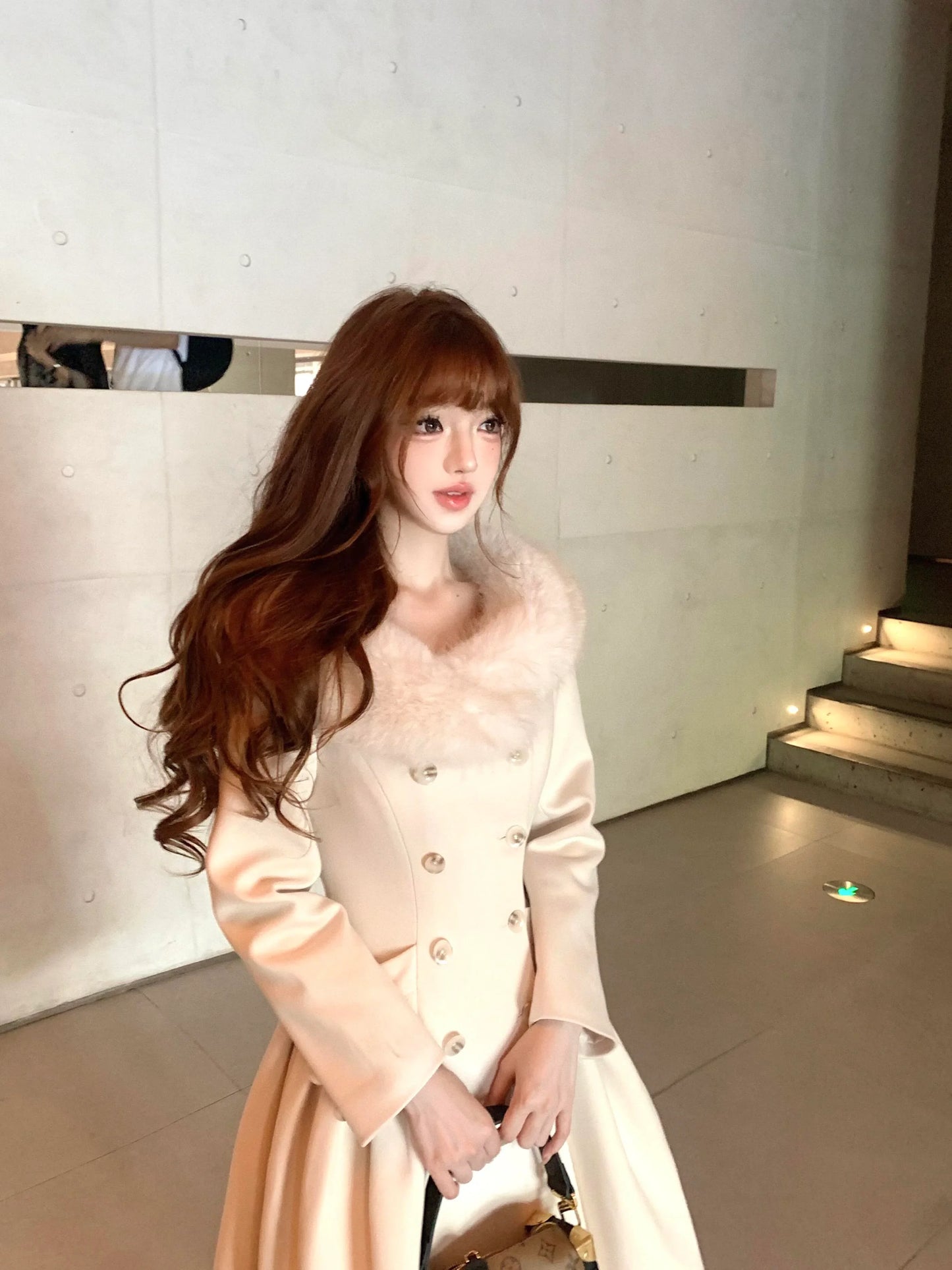 Ivory Faux Fur Collar Maxi Flare Coat
