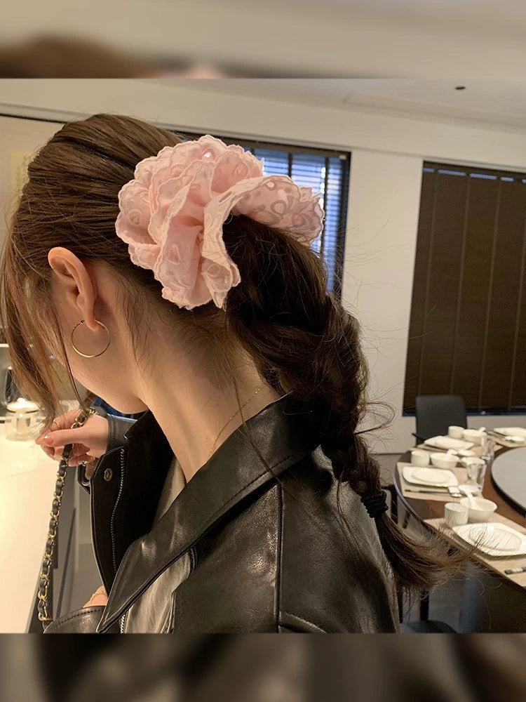 Pink lace embroidered scrunchie