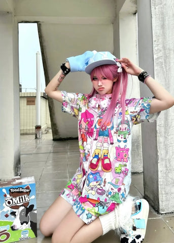 Cartoon two girls summer  pajamas set