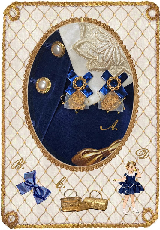 Gemstone Kiss xoxo "Pearl Blue Silk Gold Leaf Embroidered Ribbon Bow Earrings Classical and Gorgeous