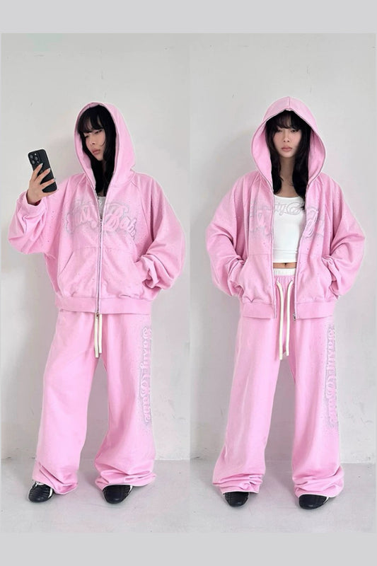 Pink Rhinestone Cotton hoodie