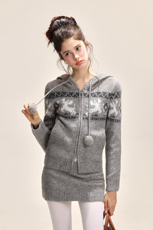 Elk jacquard hooded short skirt, knitted set