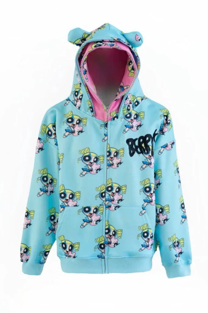 Powerpuff Girl Cartoon Printed Double Hat Hoodie