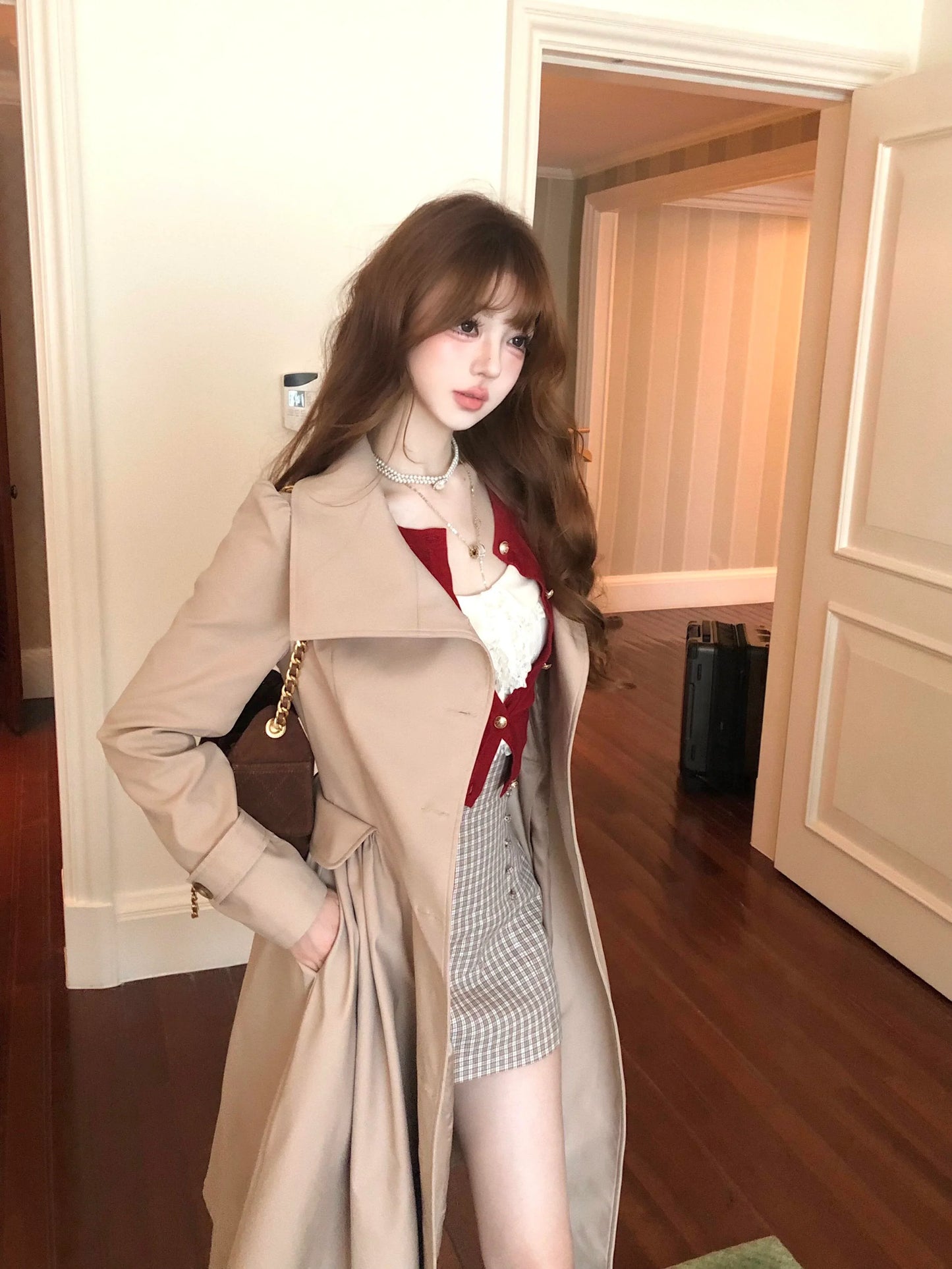 Beige Princess Style Waist Tie Trench Coat