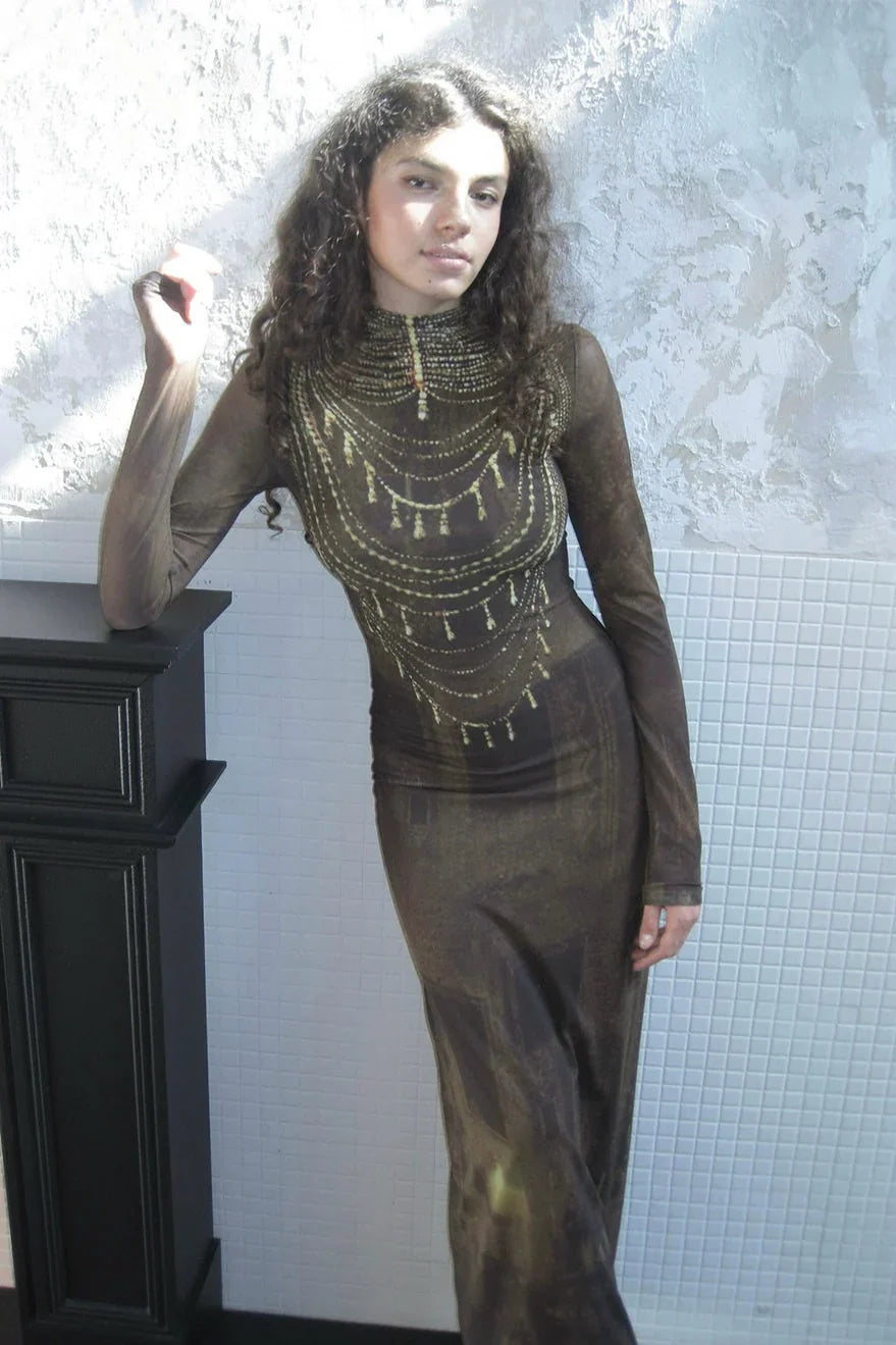 Golden brown necklace print dress
