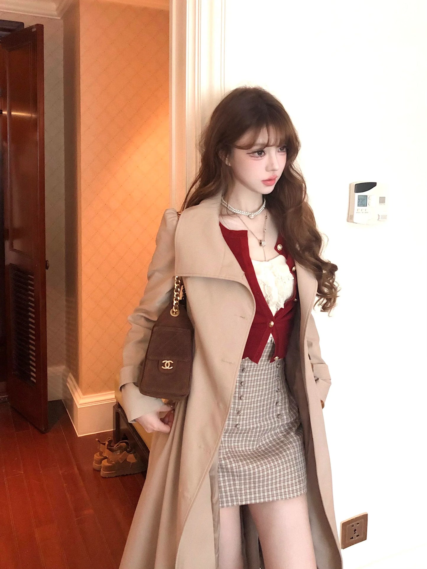 Beige Princess Style Waist Tie Trench Coat