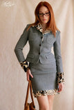 Grey woolen leopard print jacket midi skirt set