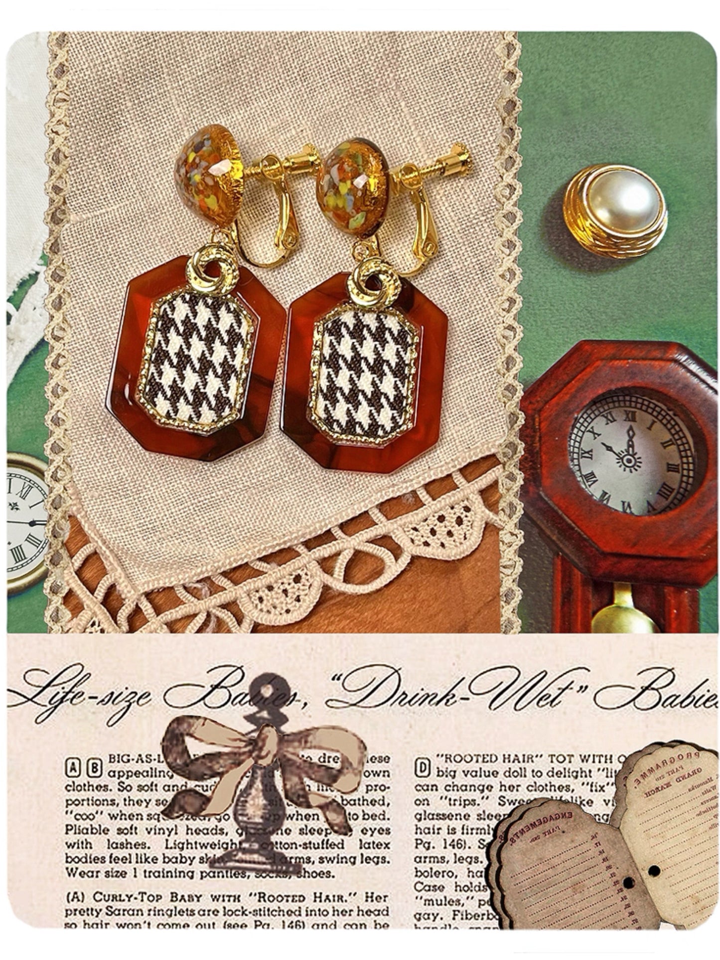 ~Genius Chess Girl~Antique Sparkling Gemstone Amber Checkered Earrings