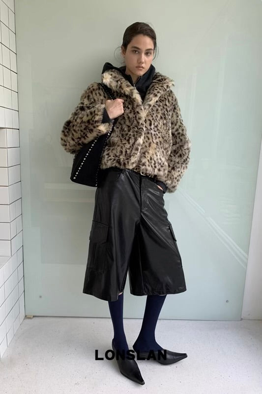 Flip collar buckle leopard print fur coat