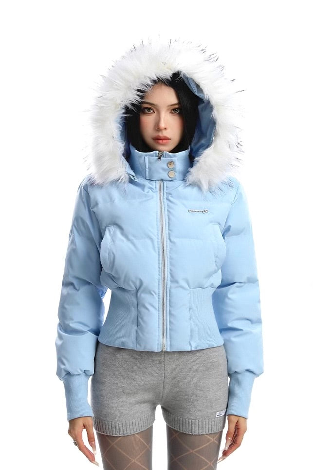 Detachable fur collar hooded short cotton padded coat