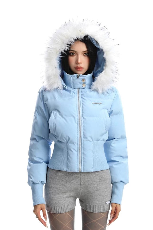 Detachable fur collar hooded short cotton padded coat