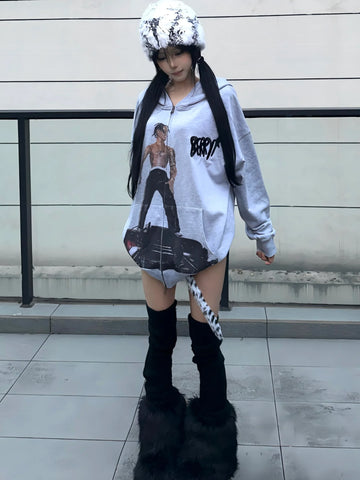 Spoof Travis Scott Portrait Grey Embroidered Hooded Jacket