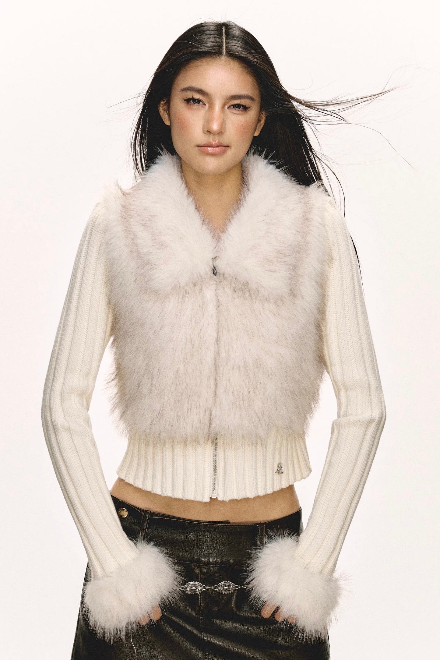 faux fur spliced sweater jacket