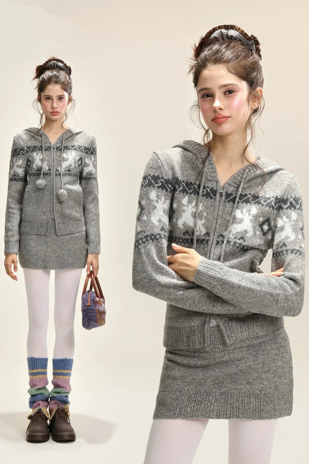 Elk jacquard hooded short skirt, knitted set