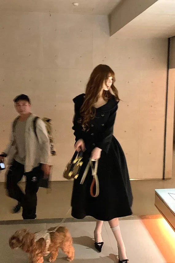 Black Faux Fur Collar Maxi Flare Coat