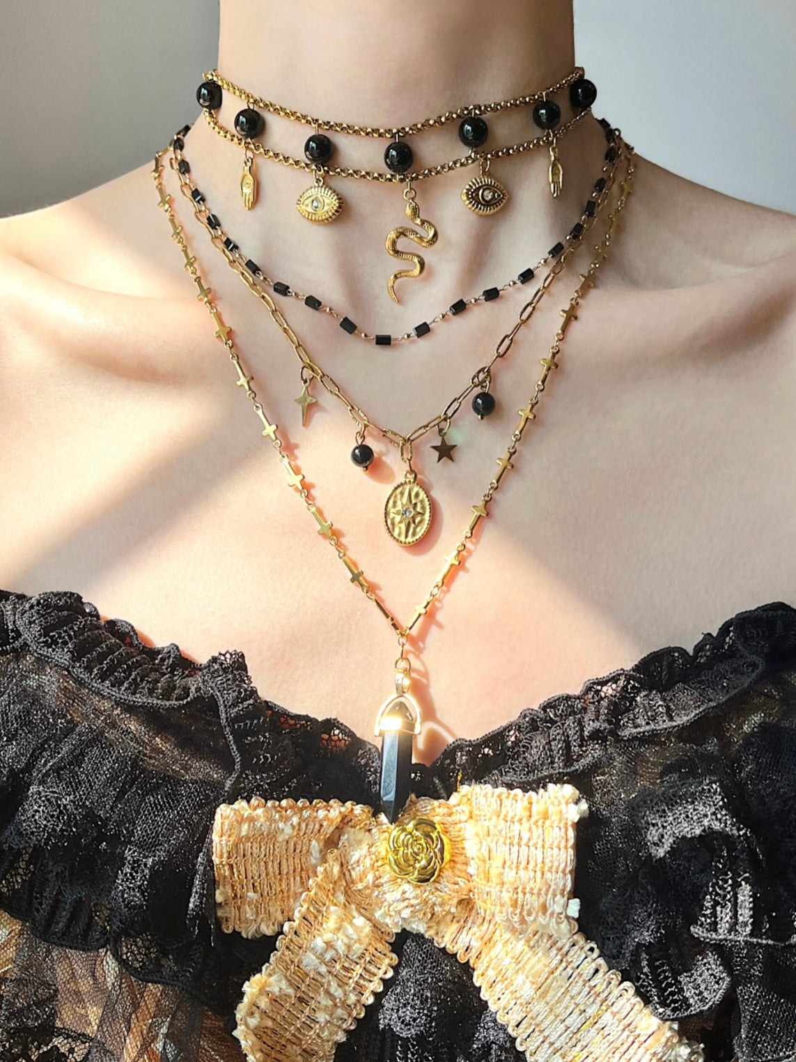 Midnight Sniper Black Gold Medusa Snake Titanium Steel Agate Necklace