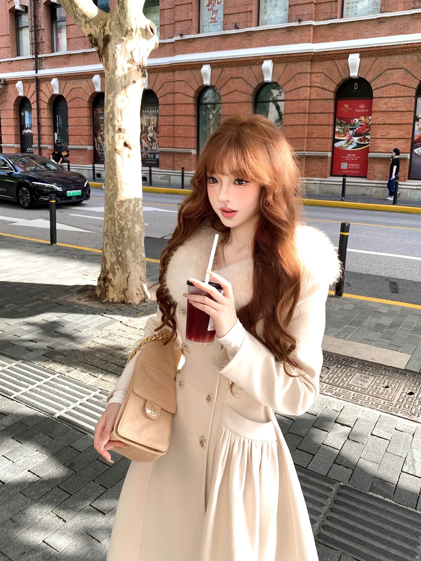 Ivory Faux Fur Collar Maxi Flare Coat