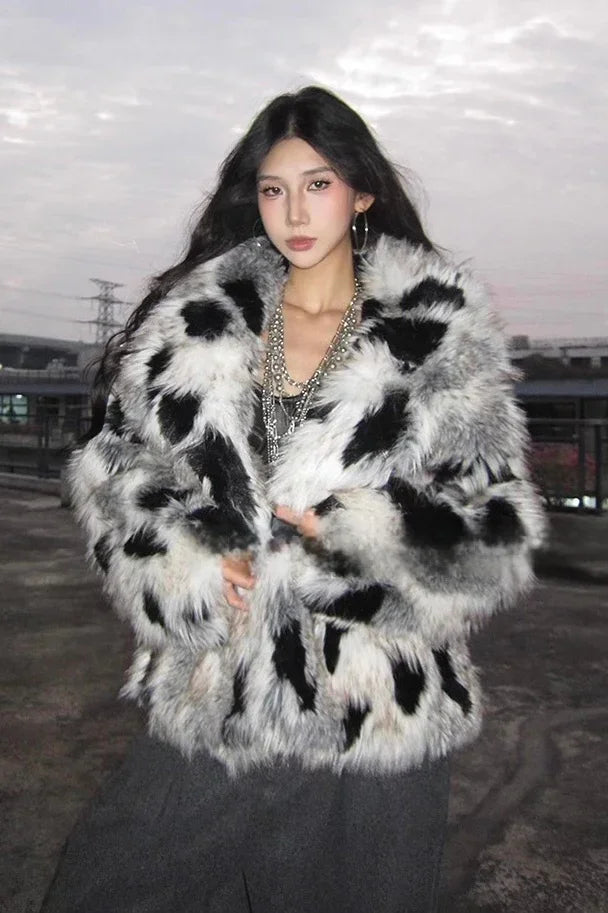 Grunge Spotted Faux Fur Coat Gothic Outerwear