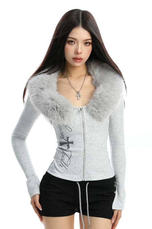 Detachable fur collar spliced Cardigan