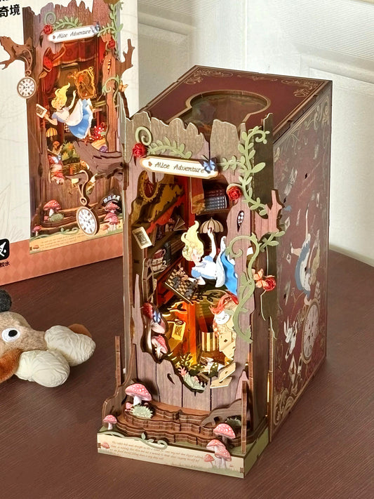 Alice falls into Wonderland, book stands, DIY hut assembles handmade building blocks