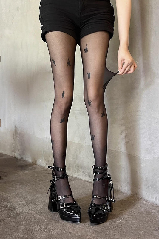 Black stockings ultra-thin pantyhose cat print