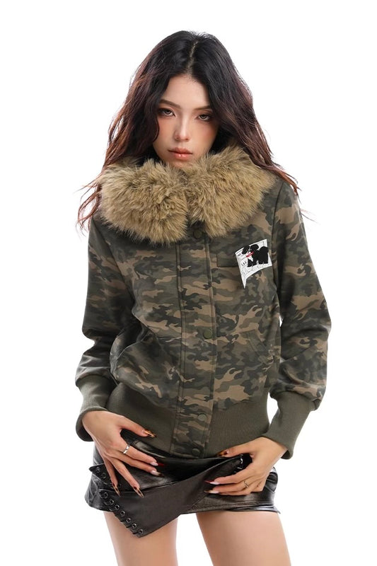 fur collar camouflage hooded jacket