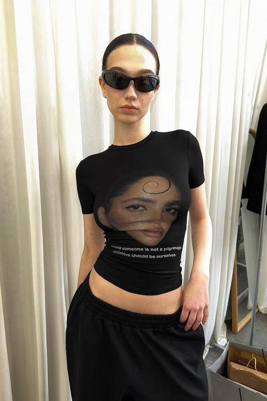 Black Portrait Print T-Shirt