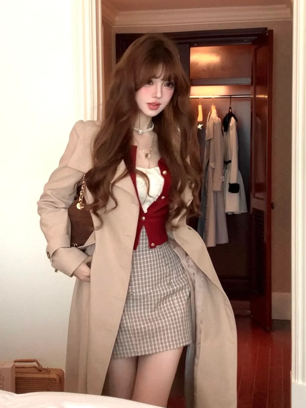 Beige Princess Style Waist Tie Trench Coat