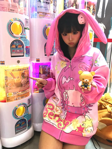 Pink girl rabbit ear velvet coat