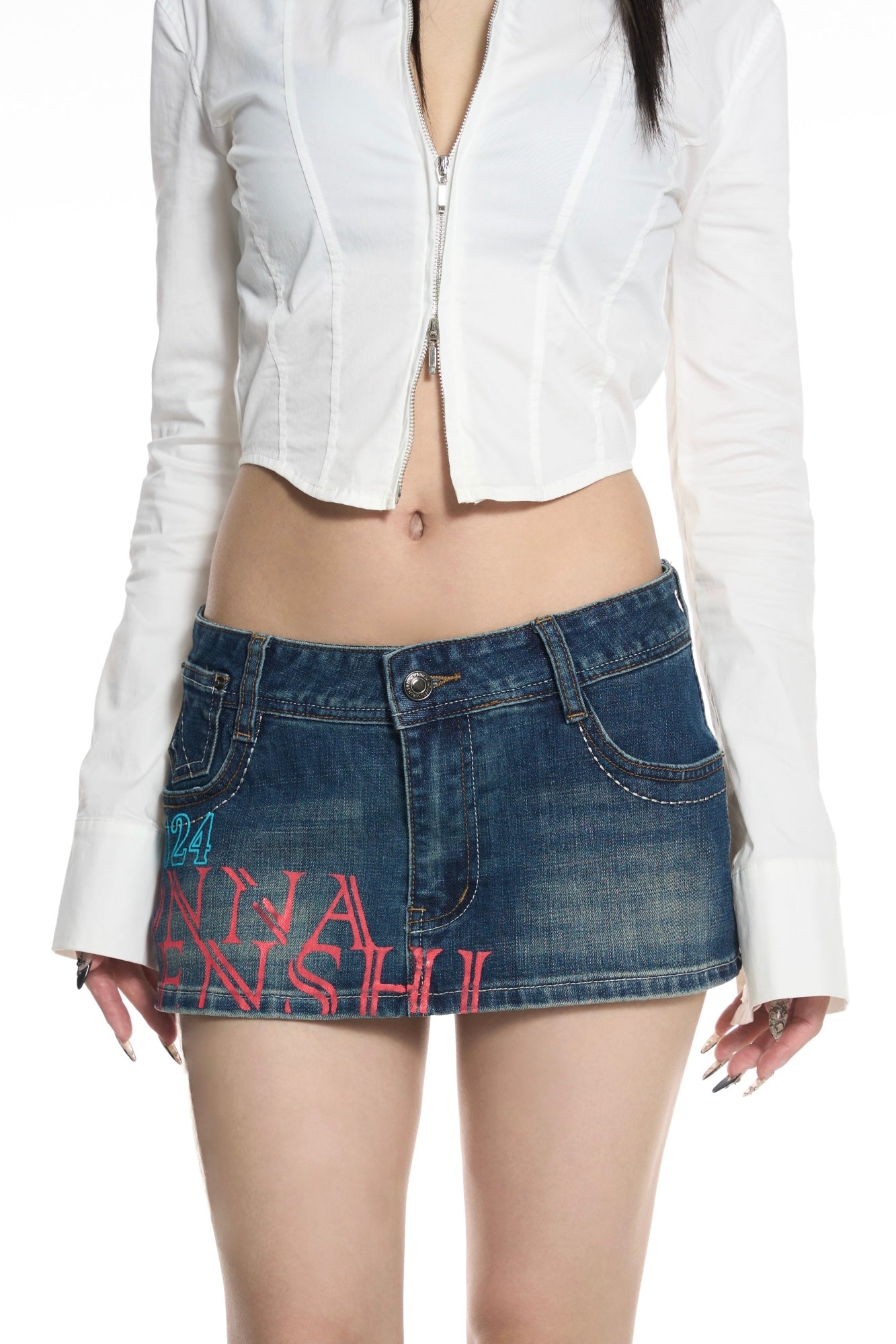 Washed retro denim print miniskirt