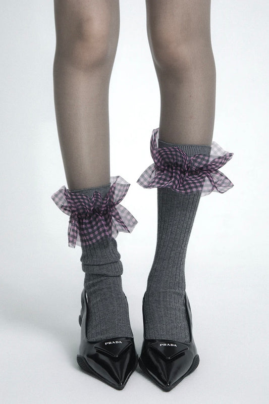 plaid mesh lace bow socks