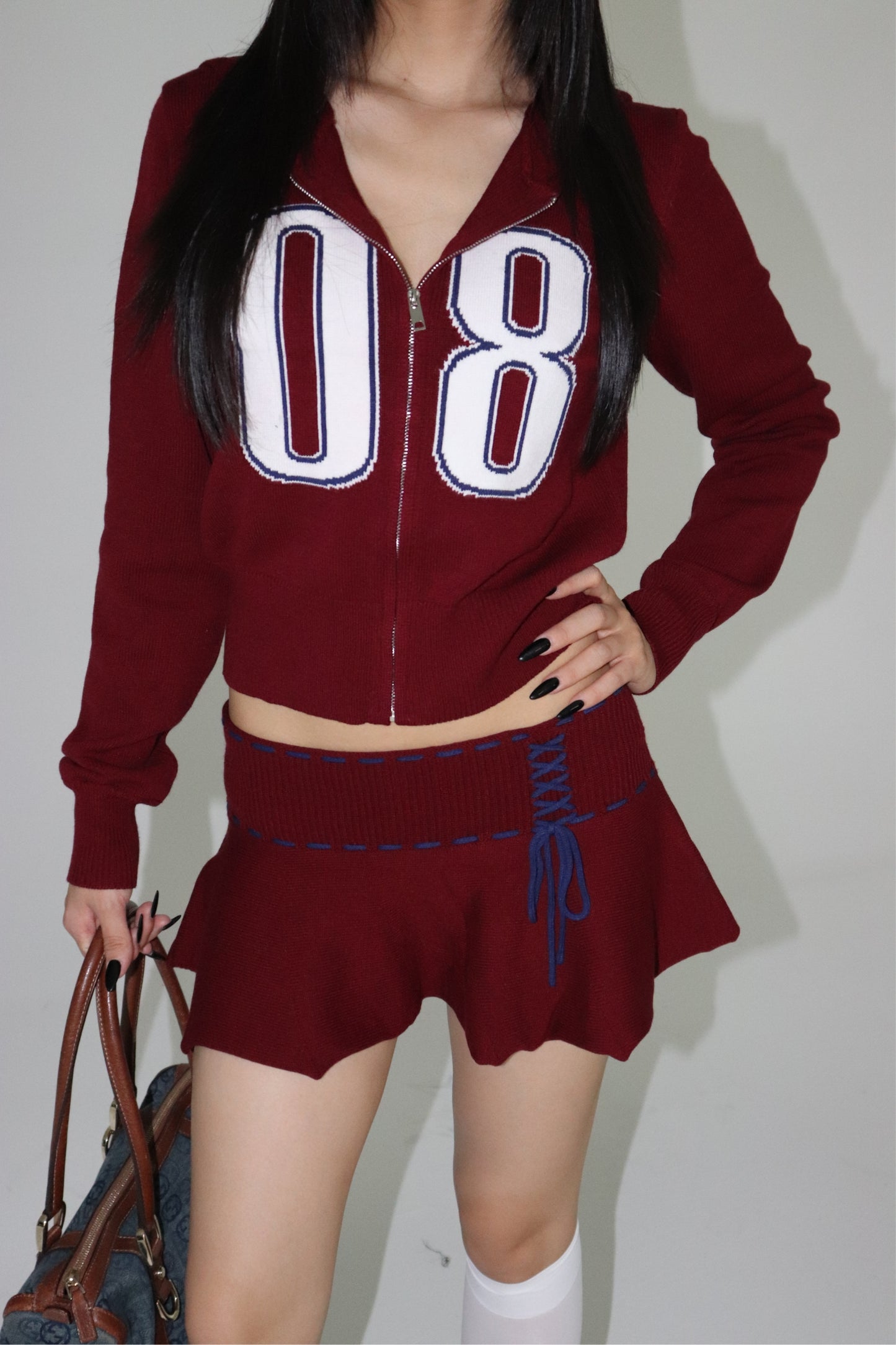 wool set navy blue/dark red, miniskirt + hooded zipper jacket