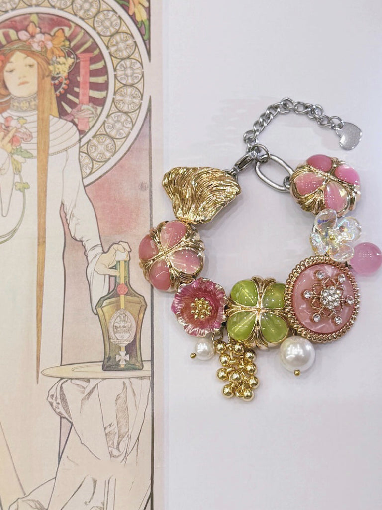 JUICY Pink Green Flower Pearl Titanium Steel Bracelet