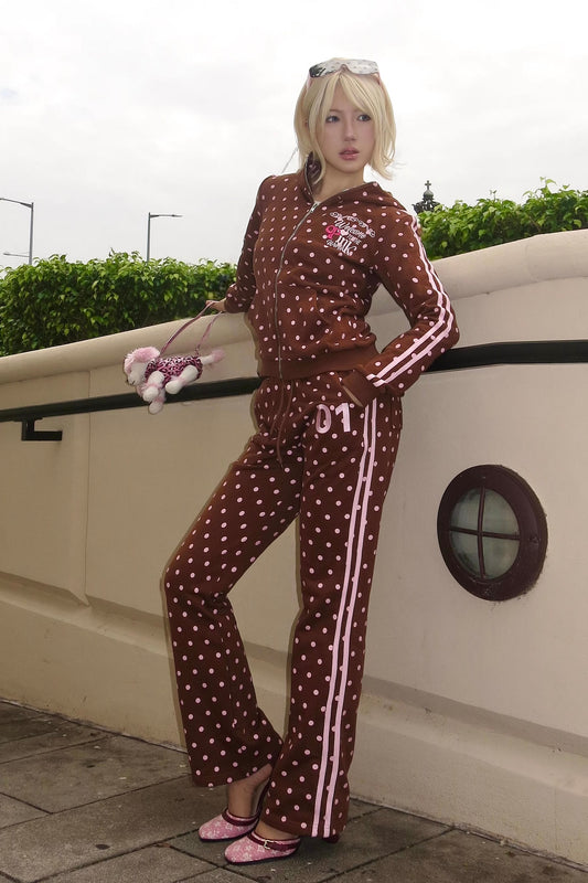 Pink polka dot Y2K brown sports set