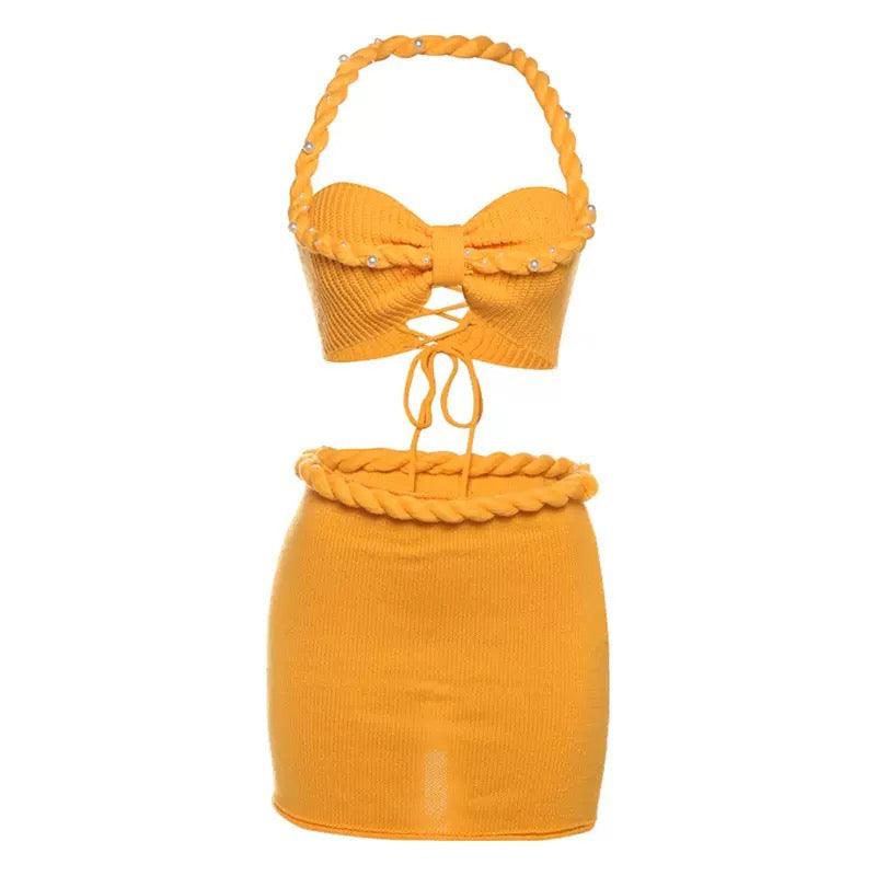 knitted beaded set yellow