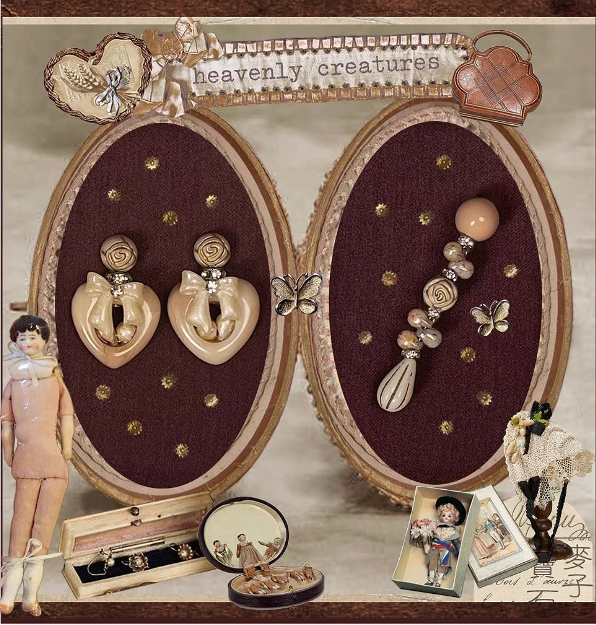 ~* Wheat Field Master Daughter Set *~Wheat Heart Shaped Container Earrings&Earclip Antique Oat Color