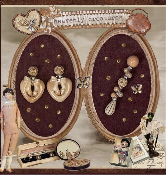 ~* Wheat Field Master Daughter Set *~Wheat Heart Shaped Container Earrings&Earclip Antique Oat Color