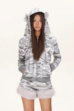 Camouflage rabbit hooded drawstring hoodie plush shorts set
