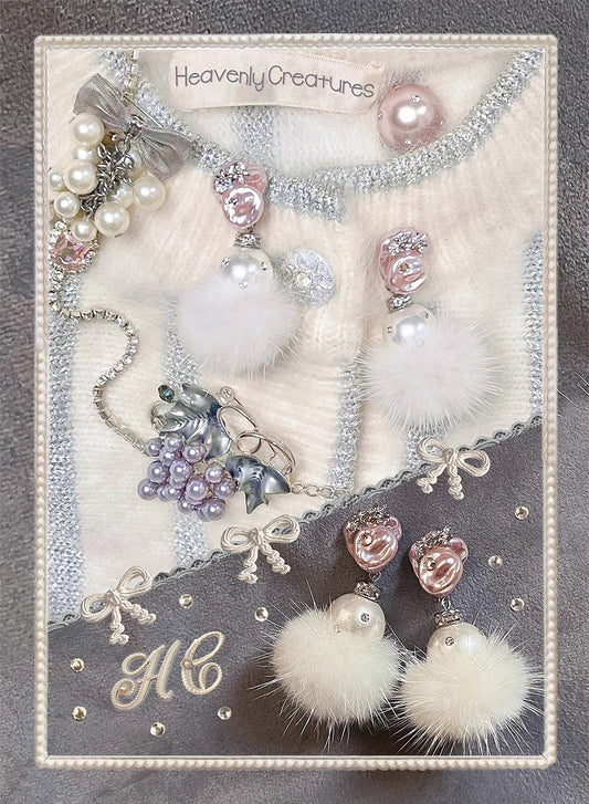 ~*Cherry Blossom Candy and Snow Rabbit *~Pink Pearl&Sparkling Diamond Ball White Christmas Hairy Ball Earrings