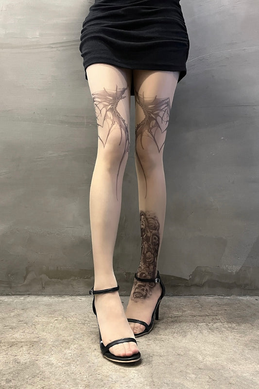 Dark winged skull print pantyhose