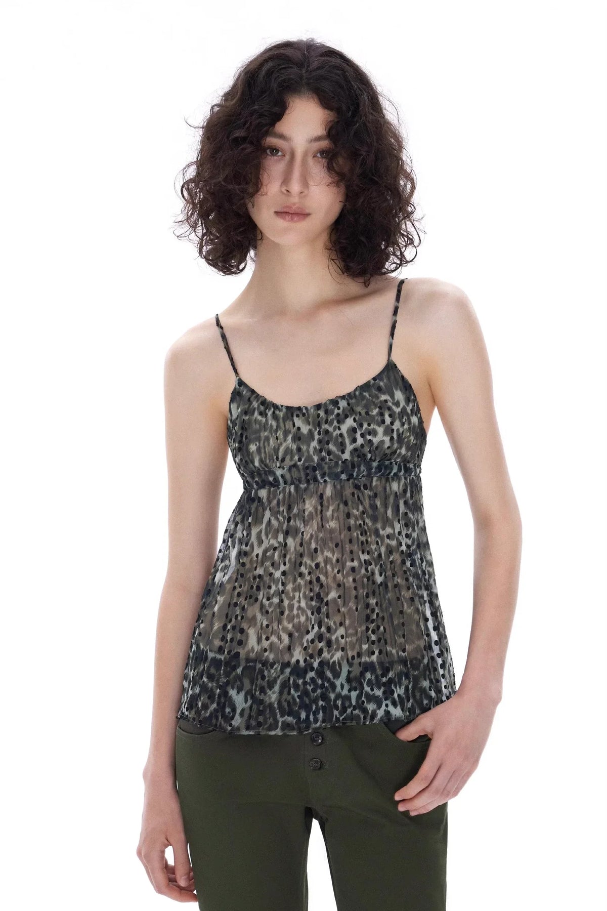 Leopard print polka dot mesh pleated cami